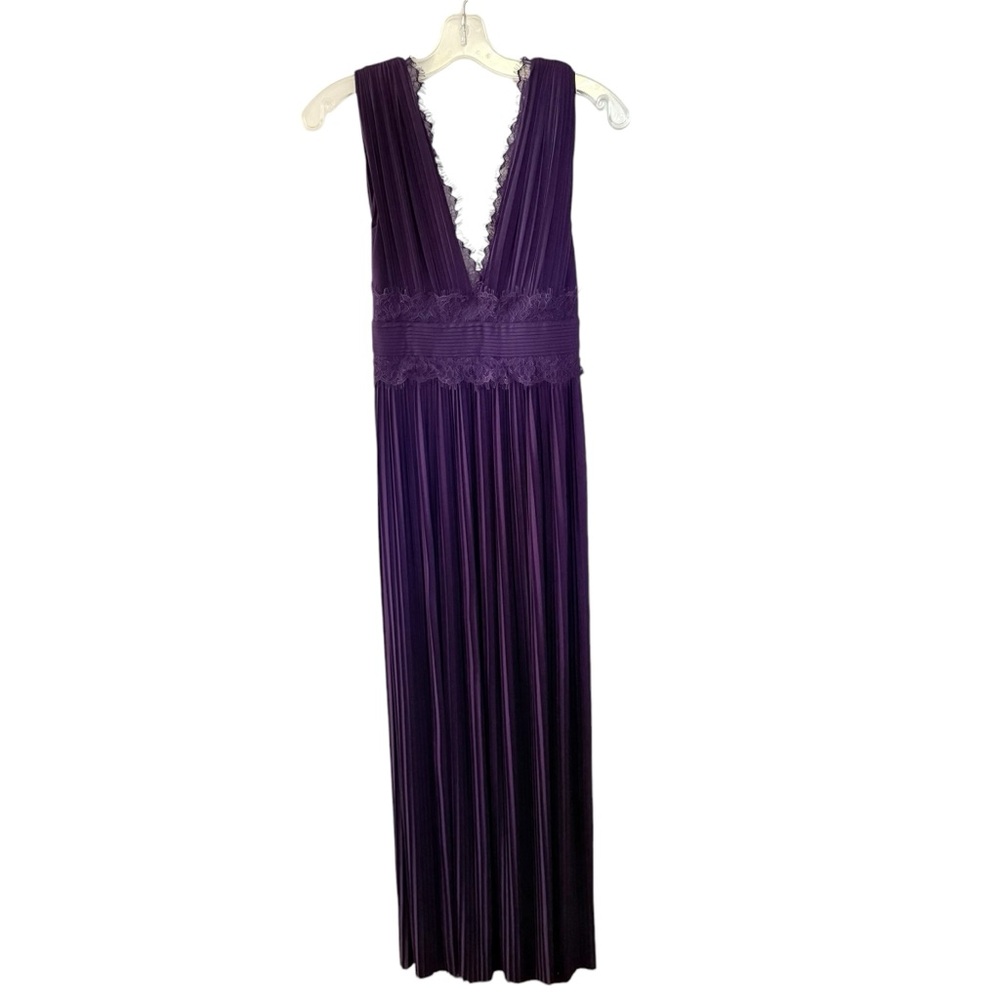 ASOS Dark Purple Pleated Maxi Dress Size 4 V Neck Lace Prom Wedding Guest Slits - Picture 3 of 16